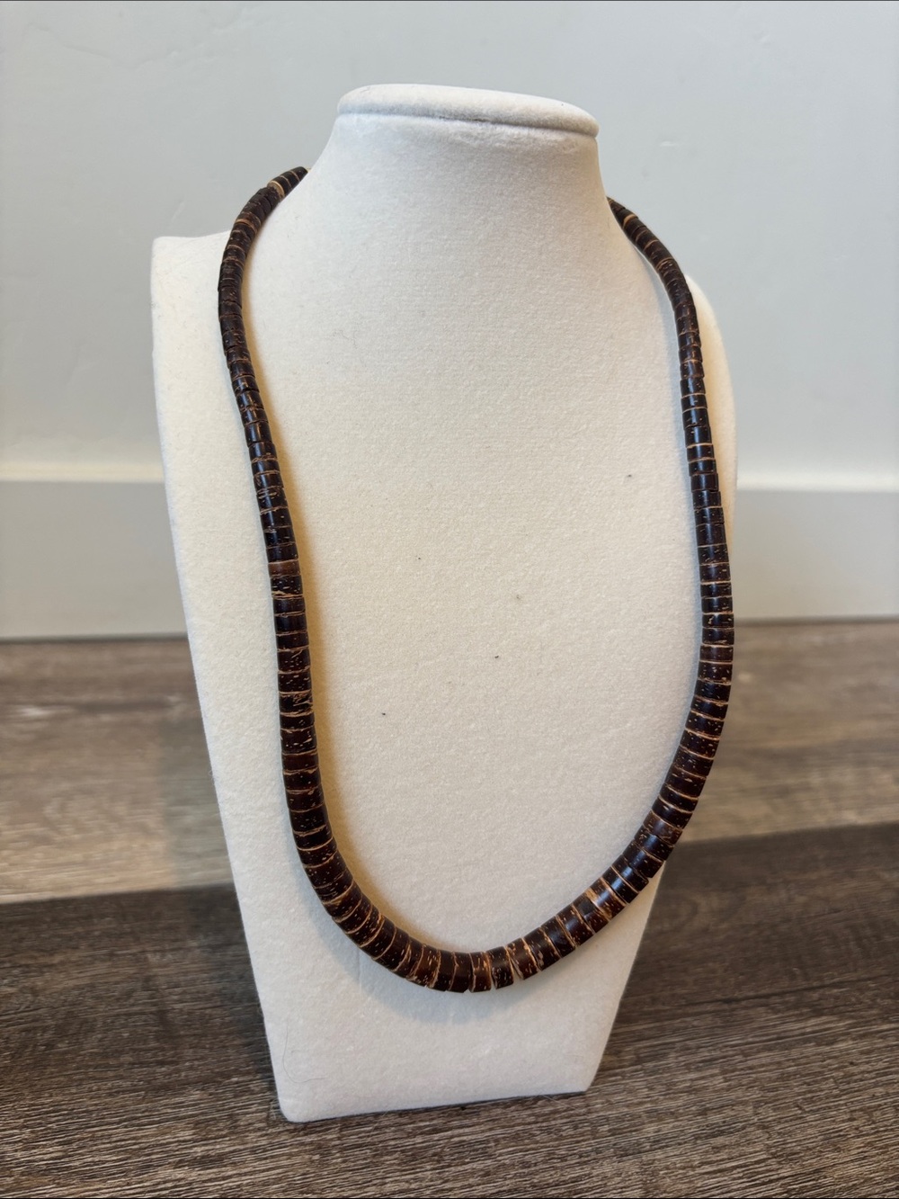 Vintage Dark Brown Striped Wood Disc Bead Necklace